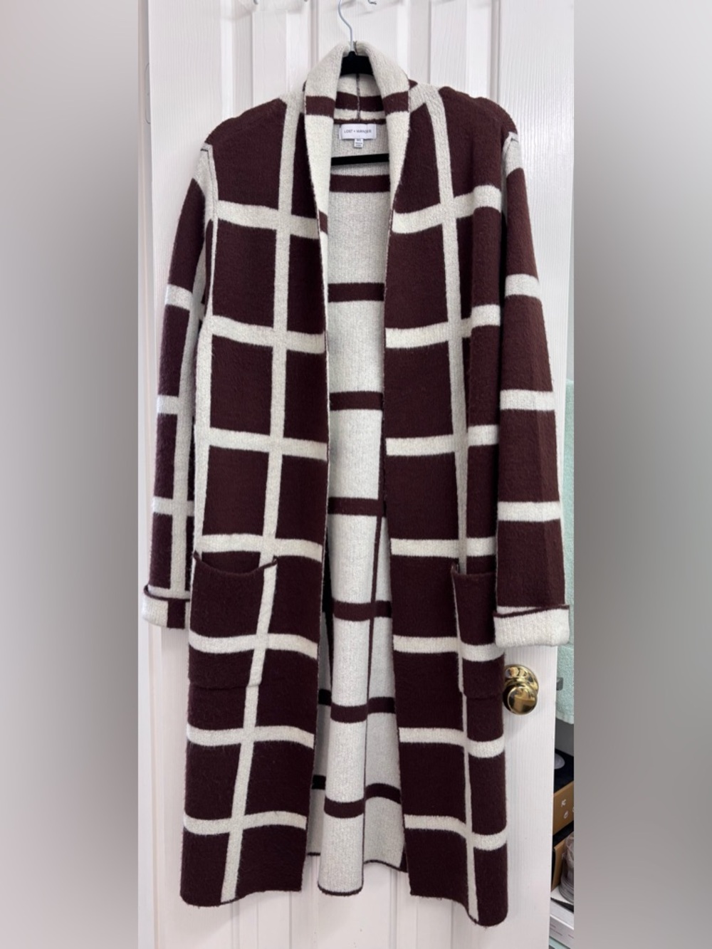 Lost + Wander Grid Plaid Open-Front Long Cardigan in Brown and Cream